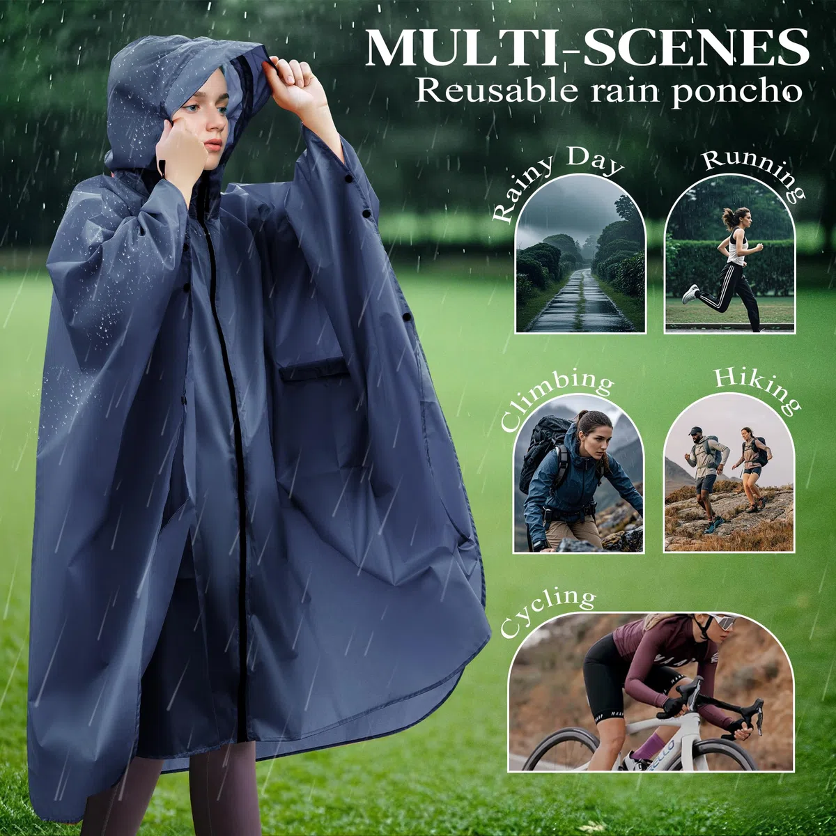Poncho Antipioggia, Giacca Antipioggia Unisex da Donna, Impermeabile con Cappuccio con Cerniera Poncho Antipioggia Riutilizzabile per Escursioni Campeggio Ciclismo Attività All'aperto