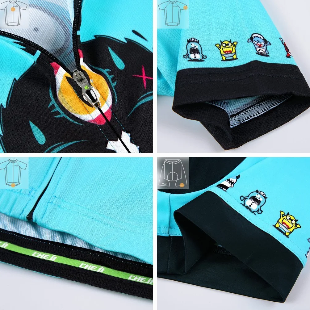 Completo da ciclismo, unisex, per bambini, composto da maglia a maniche corte + pantaloncini imbottiti)