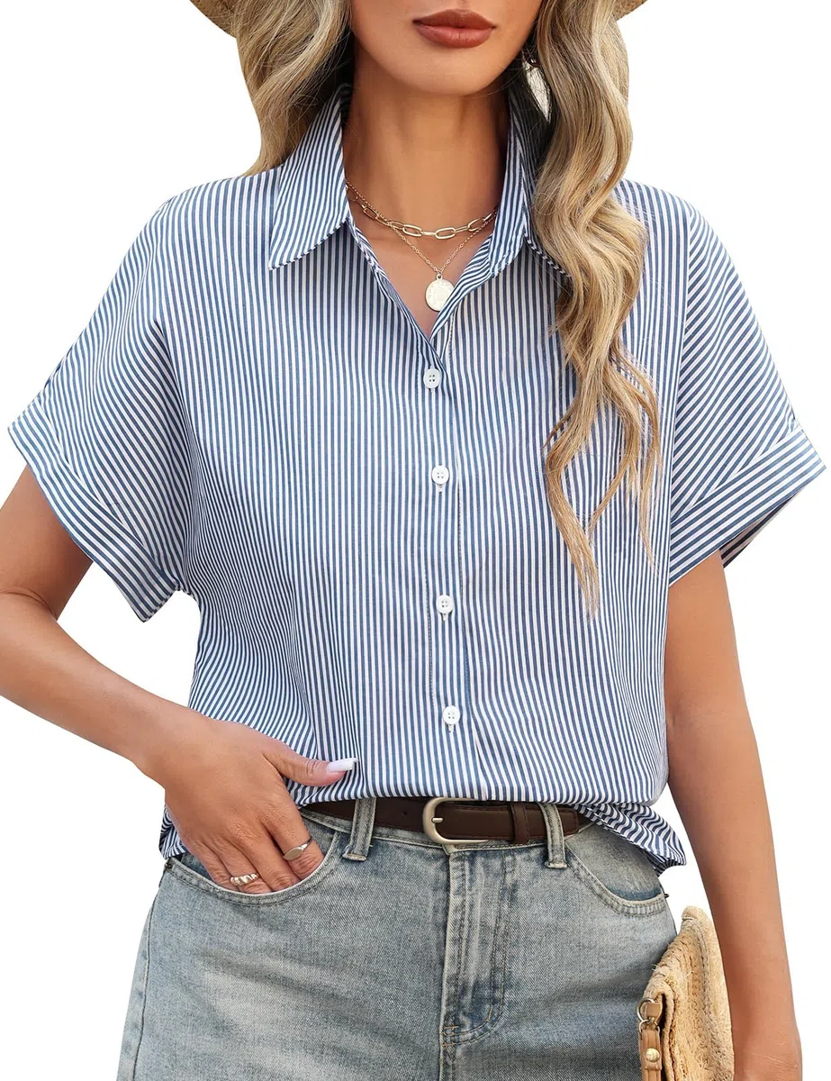 CMTOP Camicia Donna Estiva Camicetta Elegante Scollo a V Blusa Manica Corta Cotone Maglietta Loose Bottoni Tunica Classico Camicia a Righe Basic Casual Shirt Tops