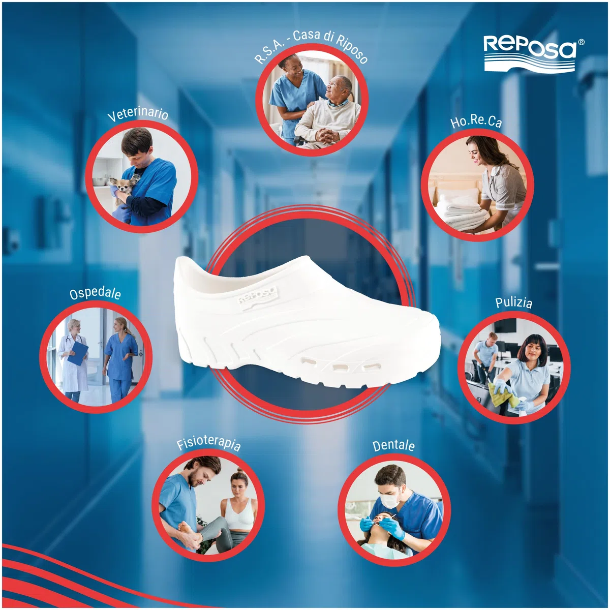 REPOSA Scarpetta - Scarpe Sanitarie Donna e Uomo in Gomma con Chiusura Tallone e Soletta Estraibile, Zoccoli Sanitari Donna e Uomo Anatomici e Antishock, Scarpe da Lavoro Sanitario con Fori Laterali