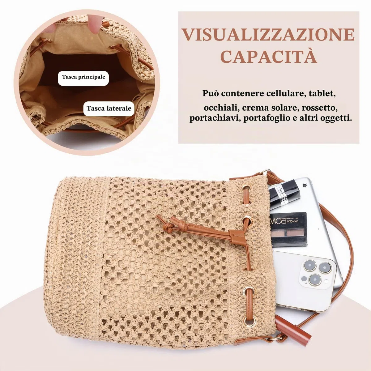 EVEOUT Borse a tracolla in Paglia Intrecciate a Secchiello Donna Bohémien Borsa a mano rafia spiaggia paglia Estiva