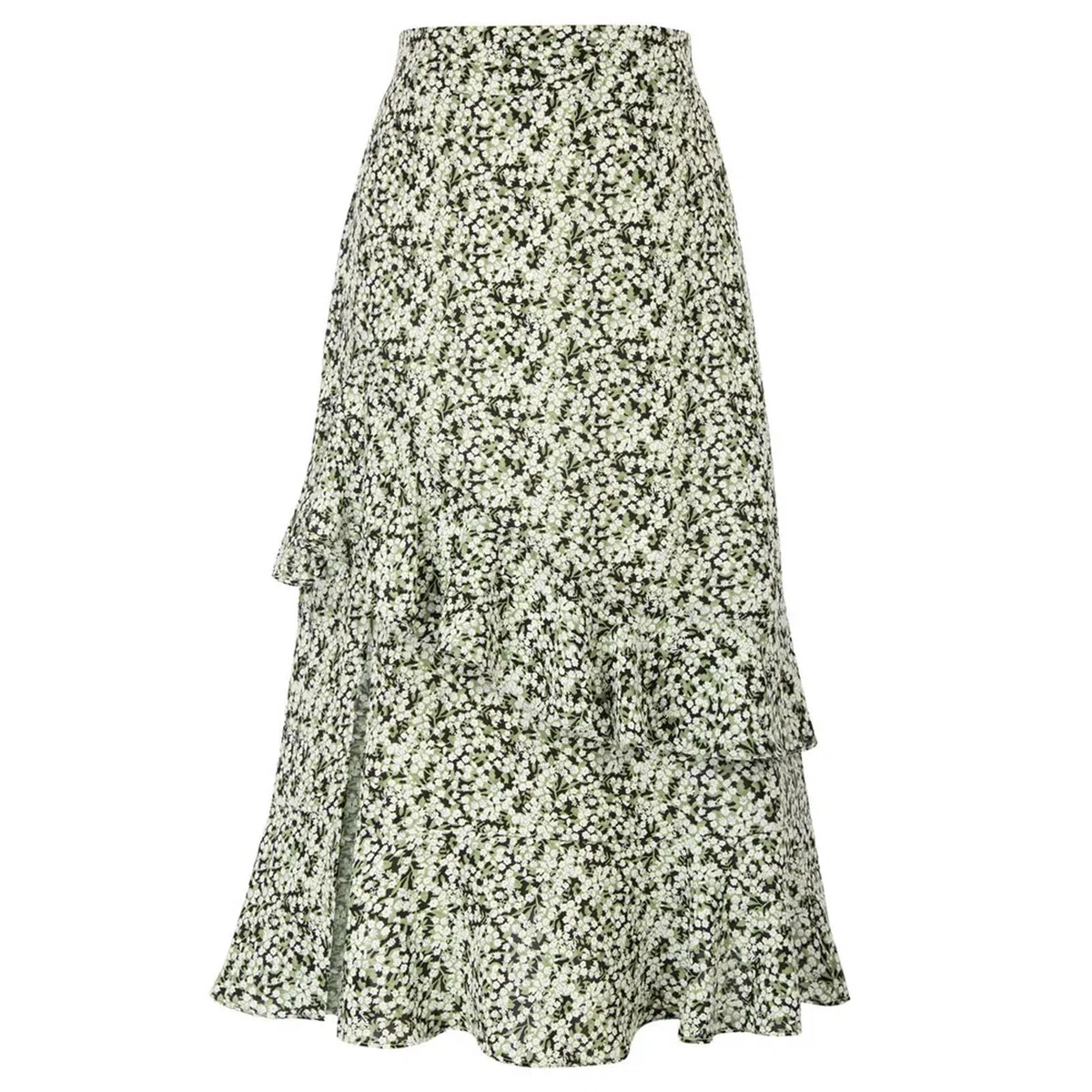 Gonna da Donna con Spacco Laterale Verde Floreale, Vita Alta Elastica, Orlo Arricciato, Gonna Svasata a Trapezio, Elegante Vestito Estivo a metà Polpaccio con Stampa da Spiaggia