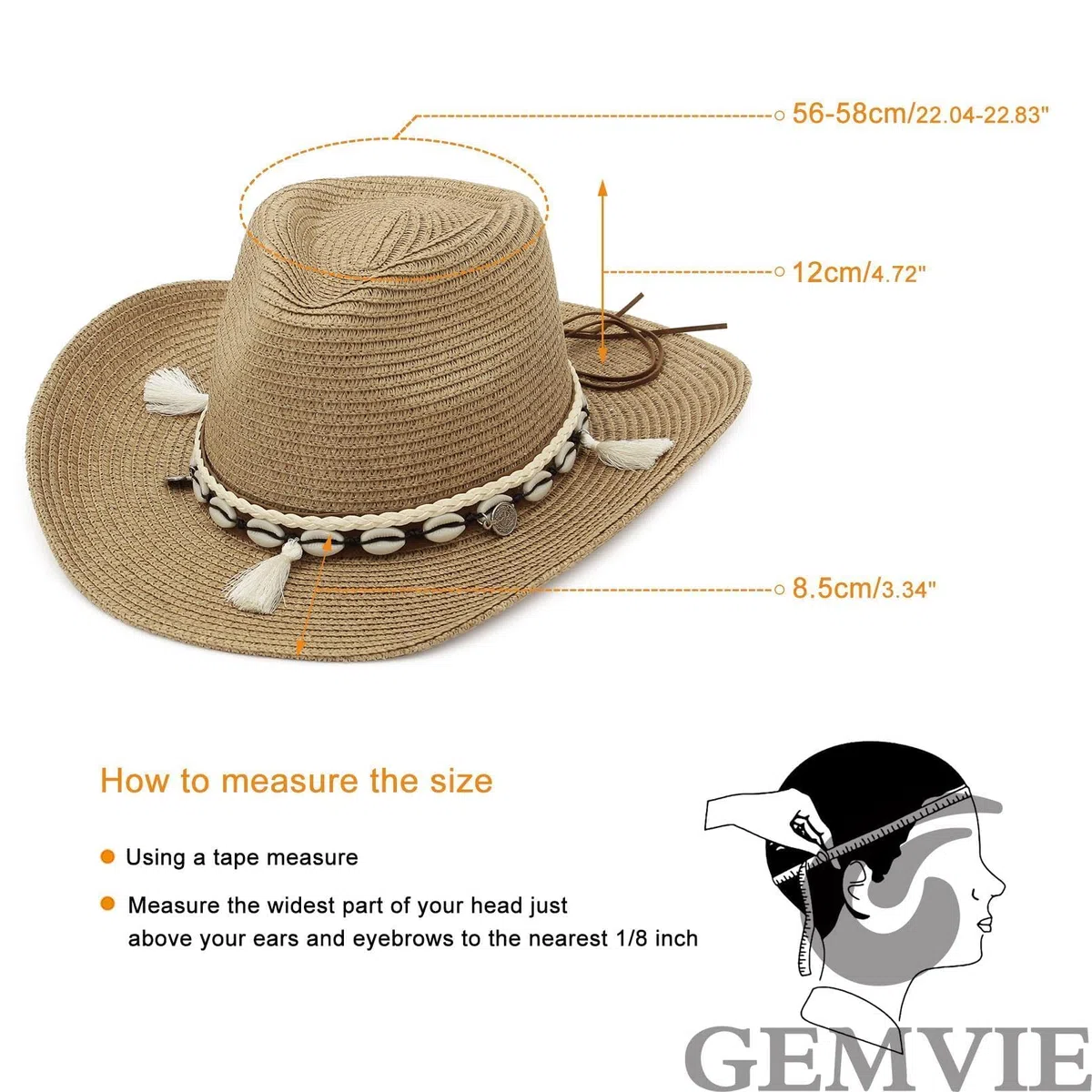 GEMVIE Cappello Cowboy di Paglia Uomo Donna Cappello Western Cowboy Tesa Regolabile Traspirante Tesa Larga Resistente al Sole Ideale per Estate
