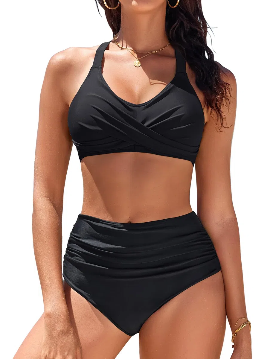 heekpek Costume Donna Due Pezzi Vita Alta Bikini Mare Costumi da Bagno Donna Curvy Push Up Imbottito Scollo a V Crociato Davanti Swimsuit