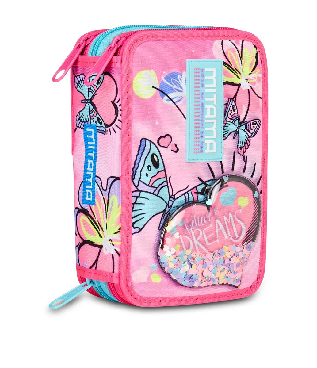 Mitama Astuccio Scuola 3 Scomparti, SUPER TRIPLO BUBBLE DREAMS, Contenuto 47 pz, Completo di Matite, Pennarelli, Portapenne Scuola Elementare Bambina