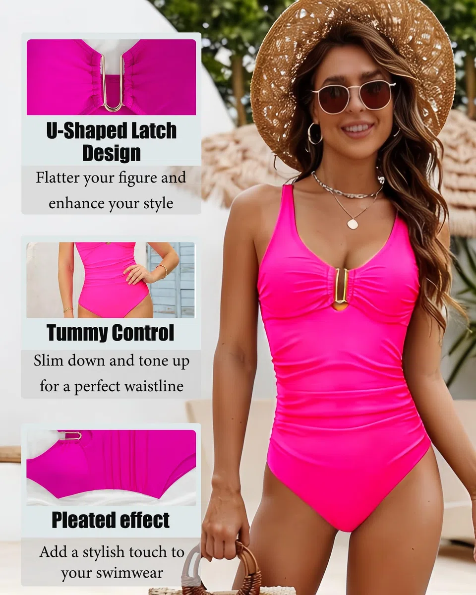 Costume da Bagno Intero Donna Scollo a V Curvy Costumi Elegante Pancia Ruched Push up Beachwear Monokini Controllo della Pancia Vintage Sexy Vita Alta Swimsuit Slim Un Pezzo Spiaggia Swimwear