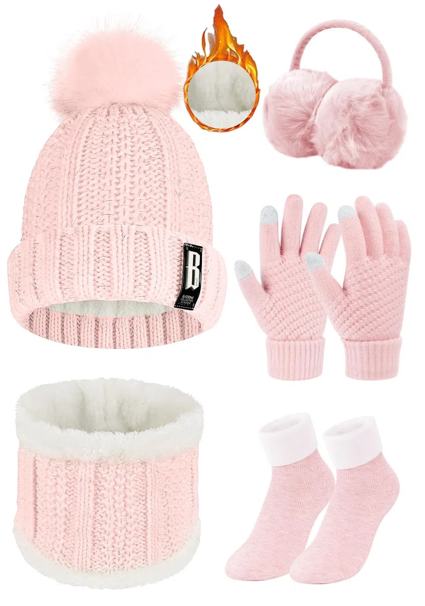 Voqeen 5 Pezzi Donne Sci Inverno Gita Set Magliere Cappello Sciarpa Touch Screen Guanti Paraorecchie Calze per Sport all'aperto Jogging Sci Escursionismo