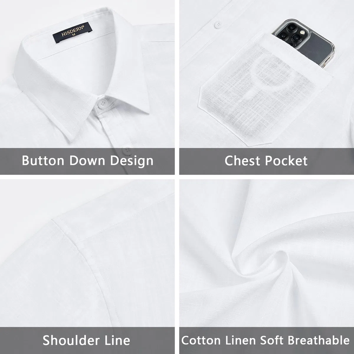 HISDERN Camicia Lino Uomo Manica Corta Casual Estate Lino Cotone Camicie per Spiaggia Vacanza Lavoro Camicia con Bottoni Tasca Regular Fit