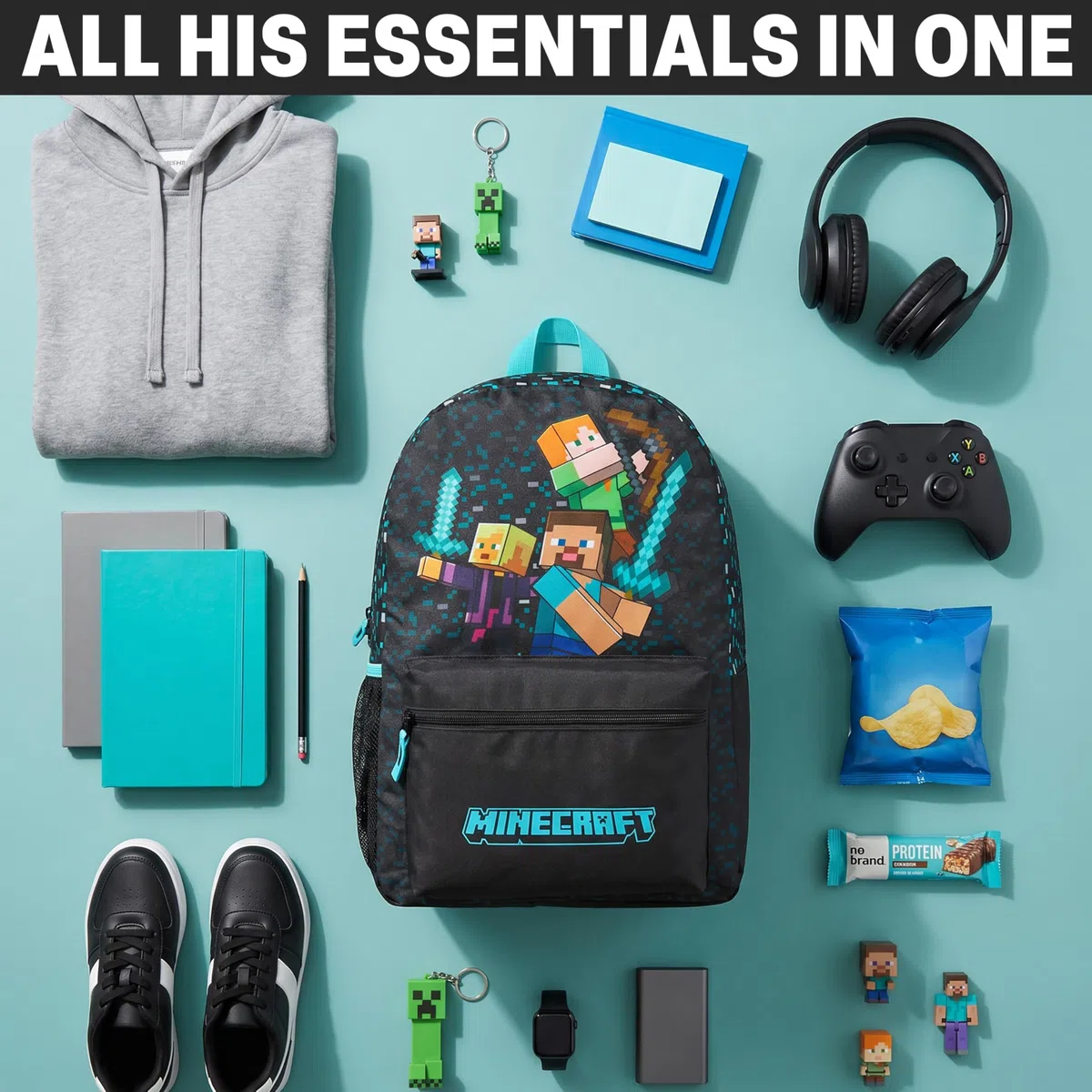 Get Trend Minecraft Zaino Scuola Ragazzo, Borsa Zaino Grafica Pixel Spallacci Regolabili Imbottiti Tasca a Rete Ideale per Scuola (Blu/Nero Minecraft)