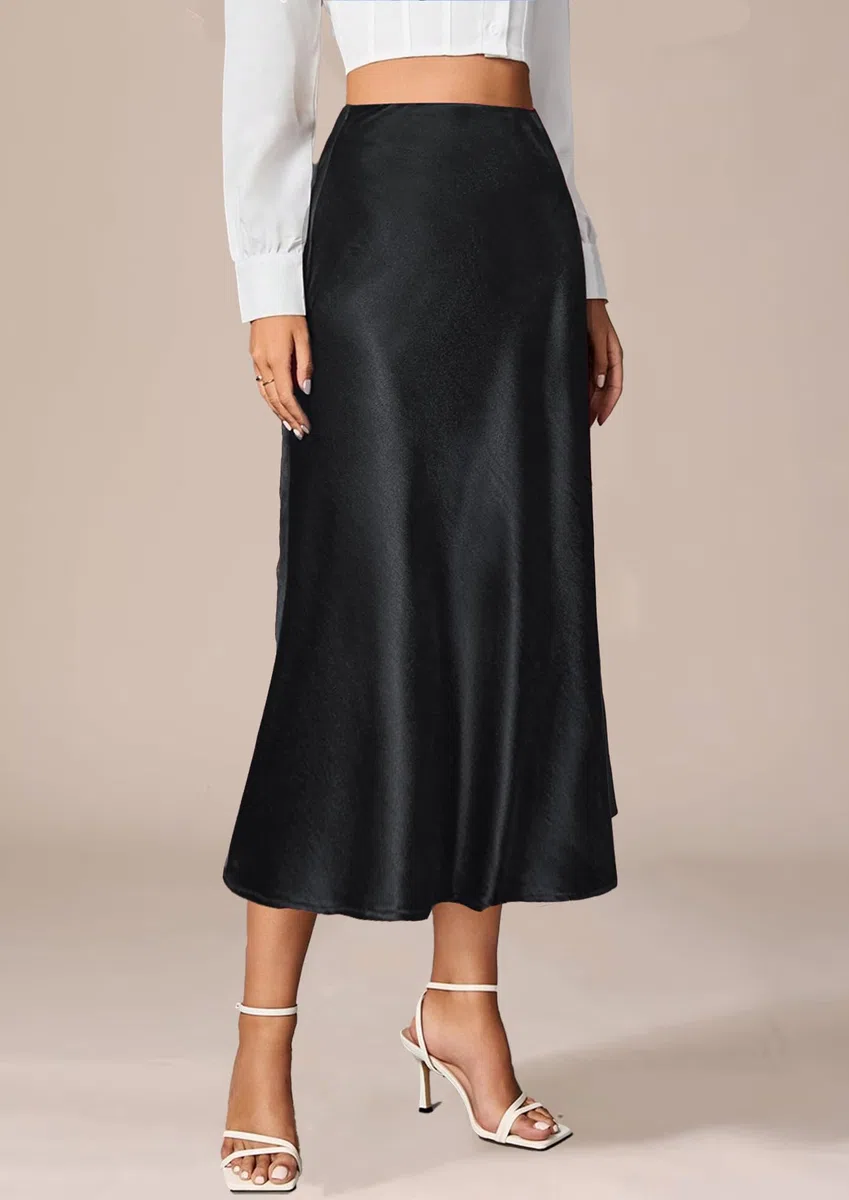 Gonna Raso Lunga da Donna Vita Alta Elegante Elastico Gonna Satin Casual Midi Gonne A Linea Ufficio Seta Pieghe Skirt a Mezza Autunno