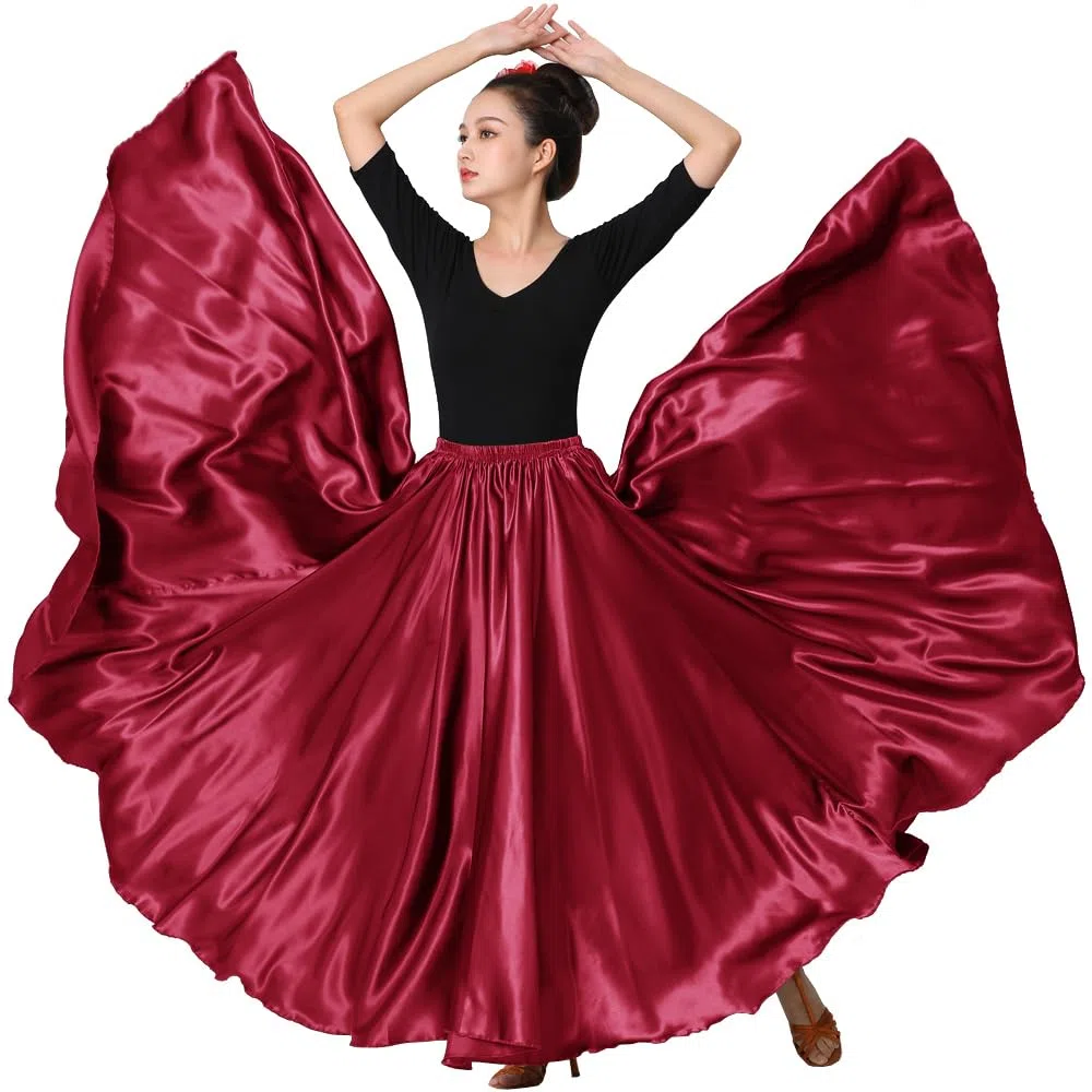 SANCAN, Gonna Lunga in Raso per Eventi di Danza, Natale, Cosplay, Feste in Costume da Donna - Rosso - Taglia Unica