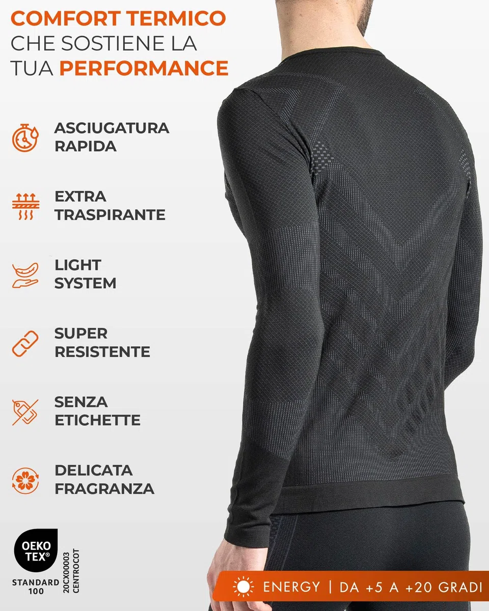 Risalti Maglia Termica Uomo Manica Lunga Energy - Maglia Tecnica Uomo Traspirante, Intimo Termico Senza Cuciture