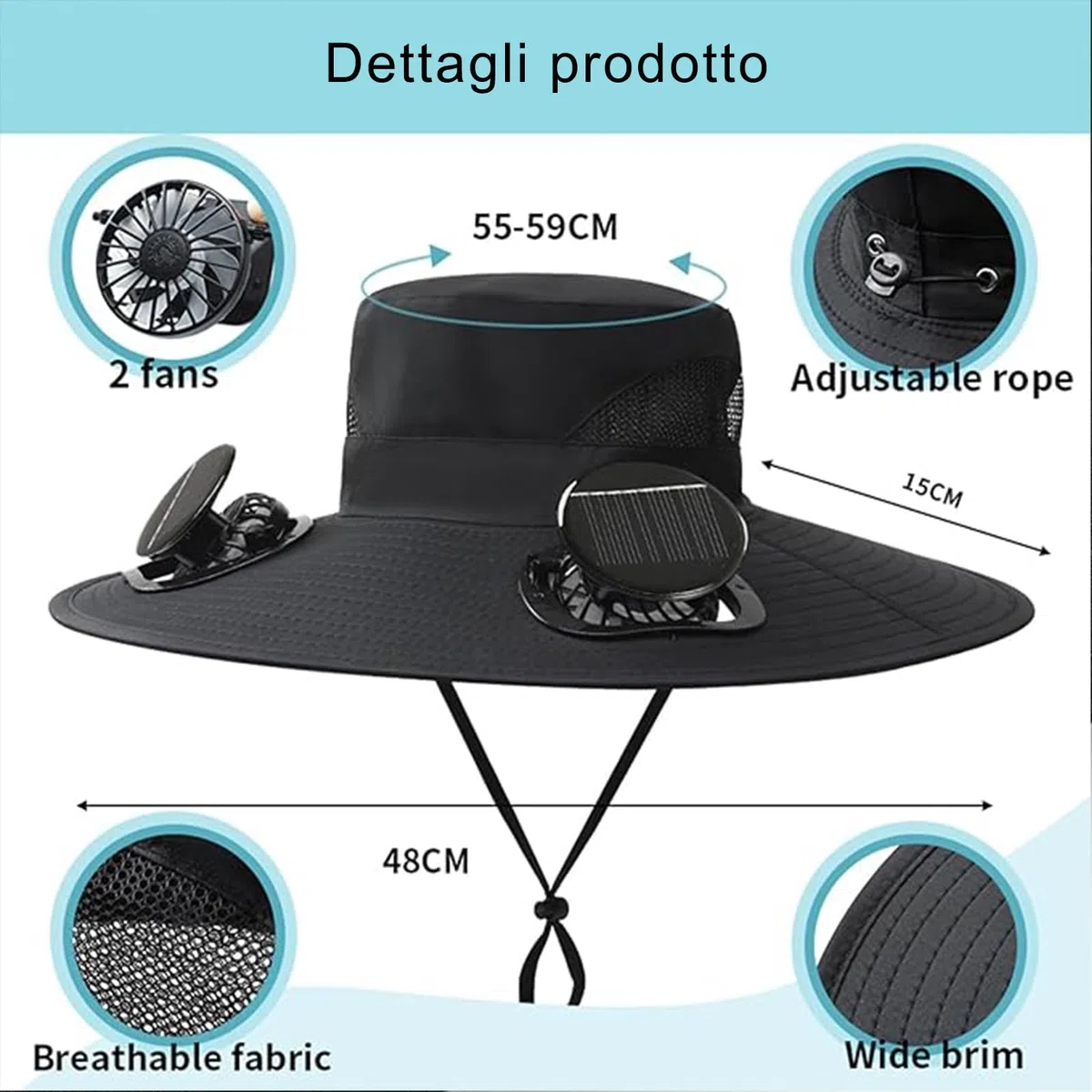 Cappello con Ventola a Energia Solare Largacappello Cappello per Unisex con Ricarica USB e 2 Ventole Solari per Pesca all'aperto Alpinismo