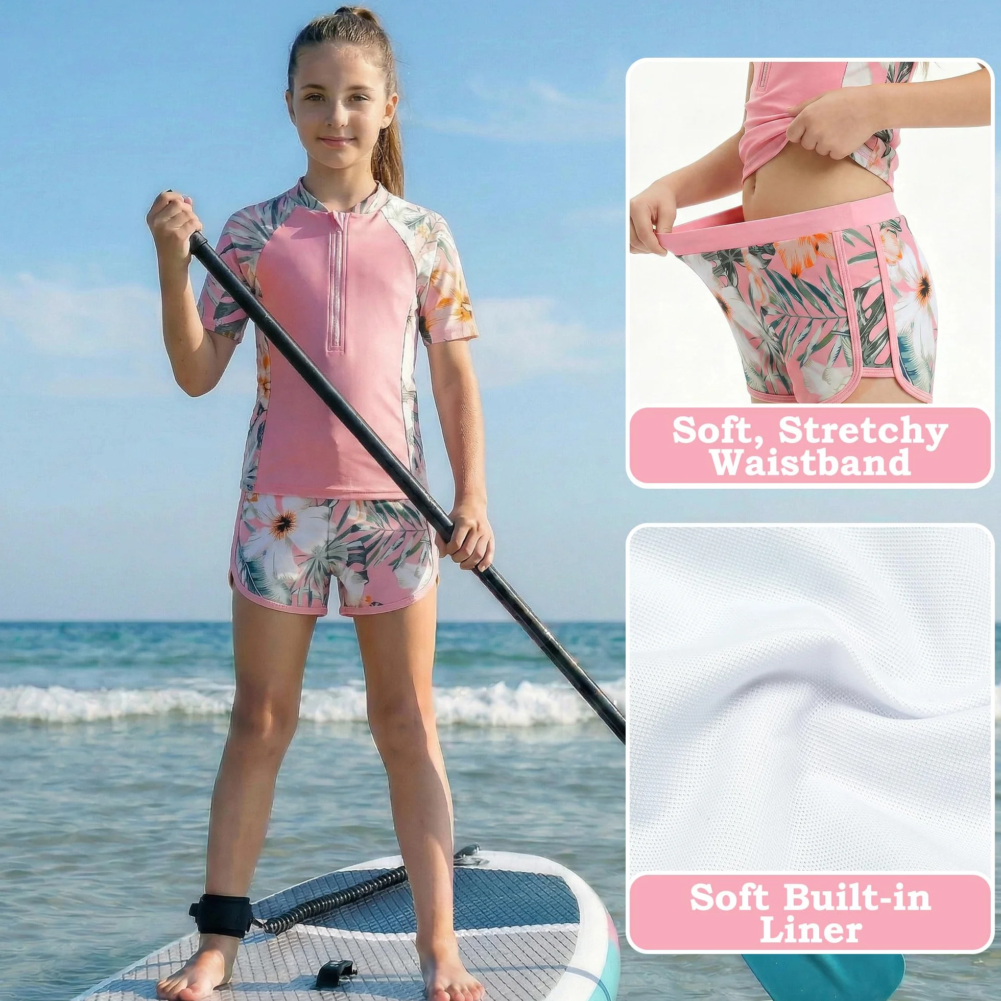 Ragazze Costume da Bagno, 2 Pezzi Stampa Floreale Maglietta a Maniche Corte con Zip + Pantaloncini da Bagno Asciugatura Rapida Costume Piscina Spiaggia Nuoto Bambina per 5-14 Anni