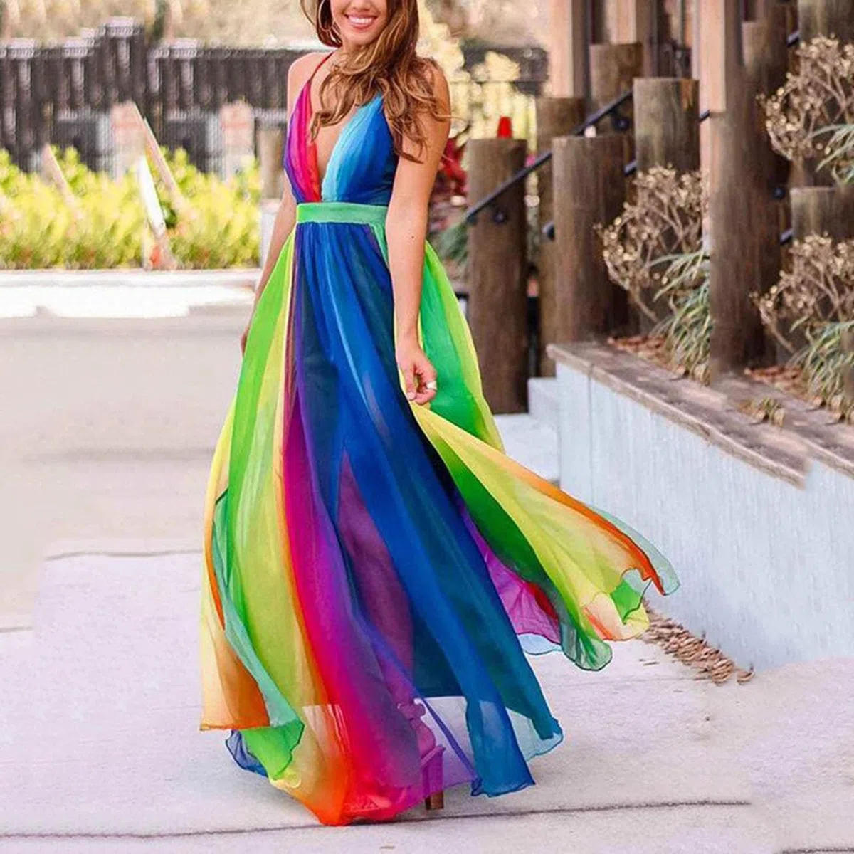 Abito Elegante Donna Cerimonia, LGBT-Q Gay Pride Mese Boho Maxi Rainbow con Scollo a V con Tasche Gonna Pride Decorazioni da Sposa, Abbigliamento Primavera, Vestiti Sexy, Curvy