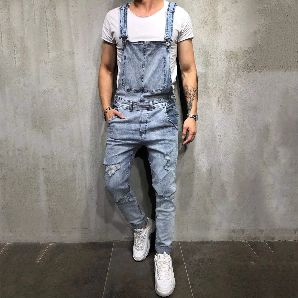 2023 Salopette da Uomo in Denim Jeans Pantaloni Salopette da Lavoro Moda Jeans Strappati Pagliaccetti Tute Larghi da Lavoro Cargo Pagliaccetti con tasche Casual Salopette Jumpsuit