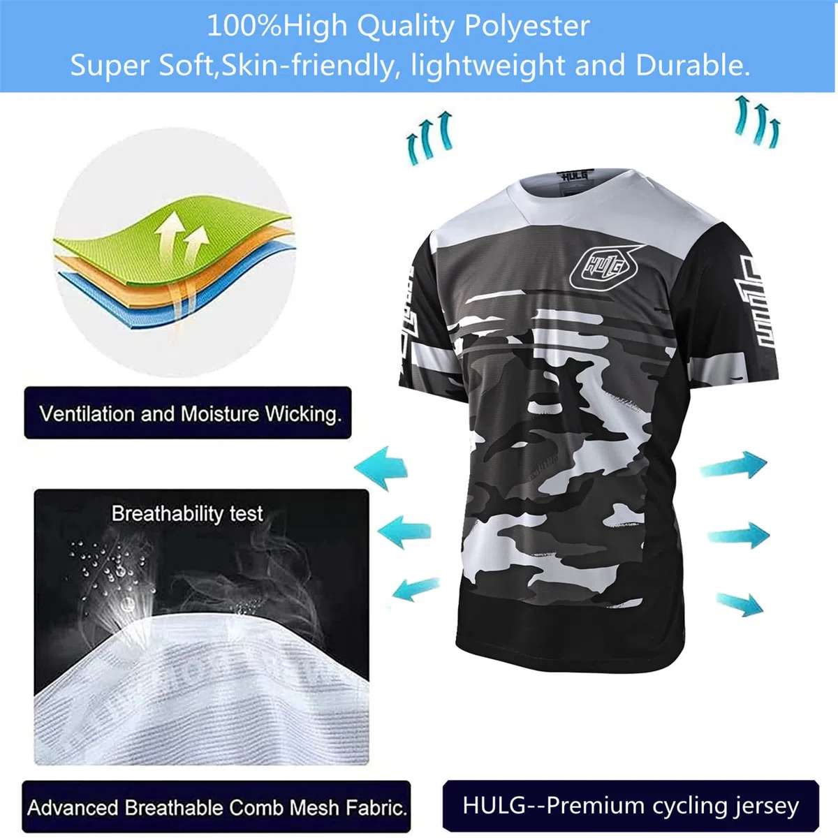 HULG MTB Tops Maglia da Ciclismo Manica Corta da Uomo, Comodae Leggera, Ad Asciugatura Rapida, Maglia Manica Corta da Ciclismo per MTB Road Bike/Multisport/Fitness