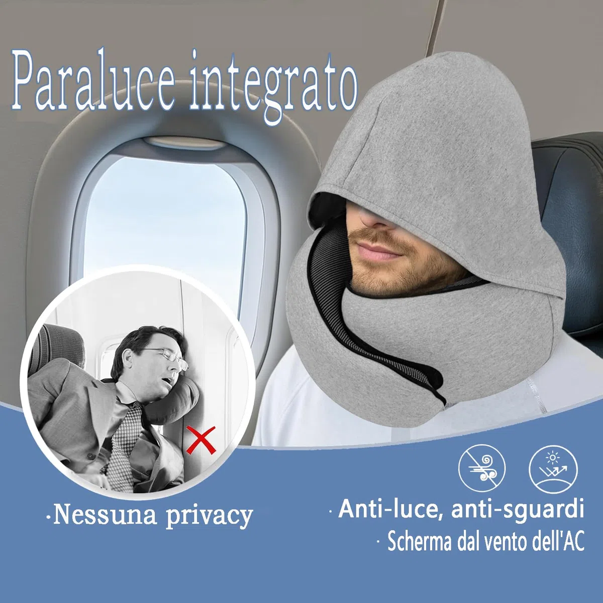 Cuscino da Viaggio Memory Foam con Cappuccio Regolabile | Cervicale Ergonomico 360° Aereo Treno Auto Ufficio | Federa Lavabile - Incluso Custodia e Tappi (Grigio Chiaro)