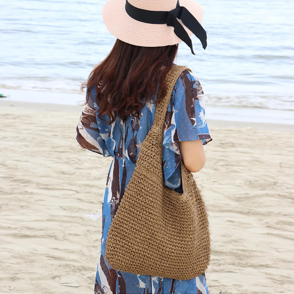 Borsa a tracolla da spiaggia estiva in paglia per donna, borsa intrecciata a mano casual di grande capacità