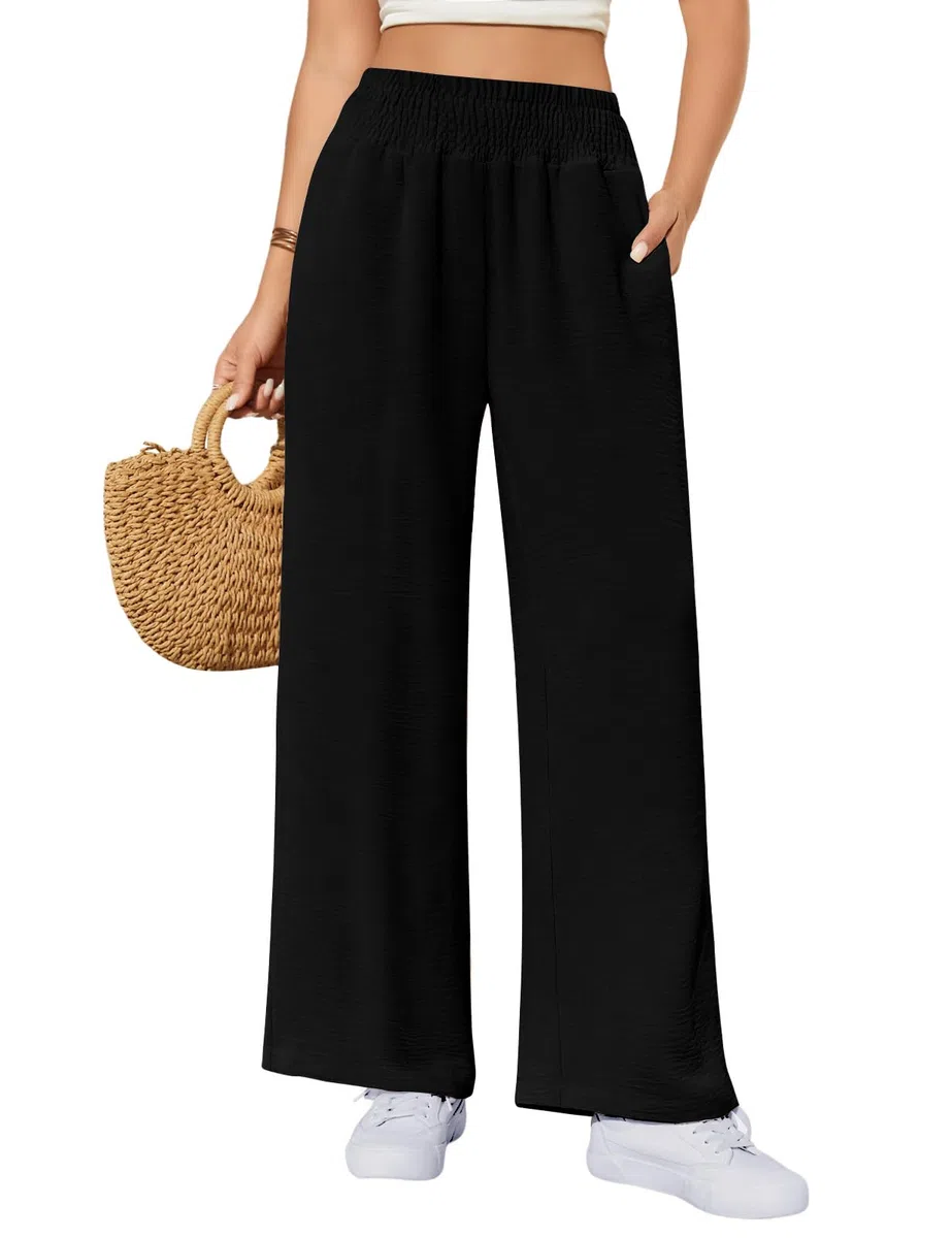 HEEKPEK Pantaloni Donna Estivi Leggeri Pantaloni Comodi Larghi Casual Elastico Vita Alta Solido Sciolto Lunghi Palazzo Pantaloni Gamba Dritta Casual Spiaggia Jogging con Tasche