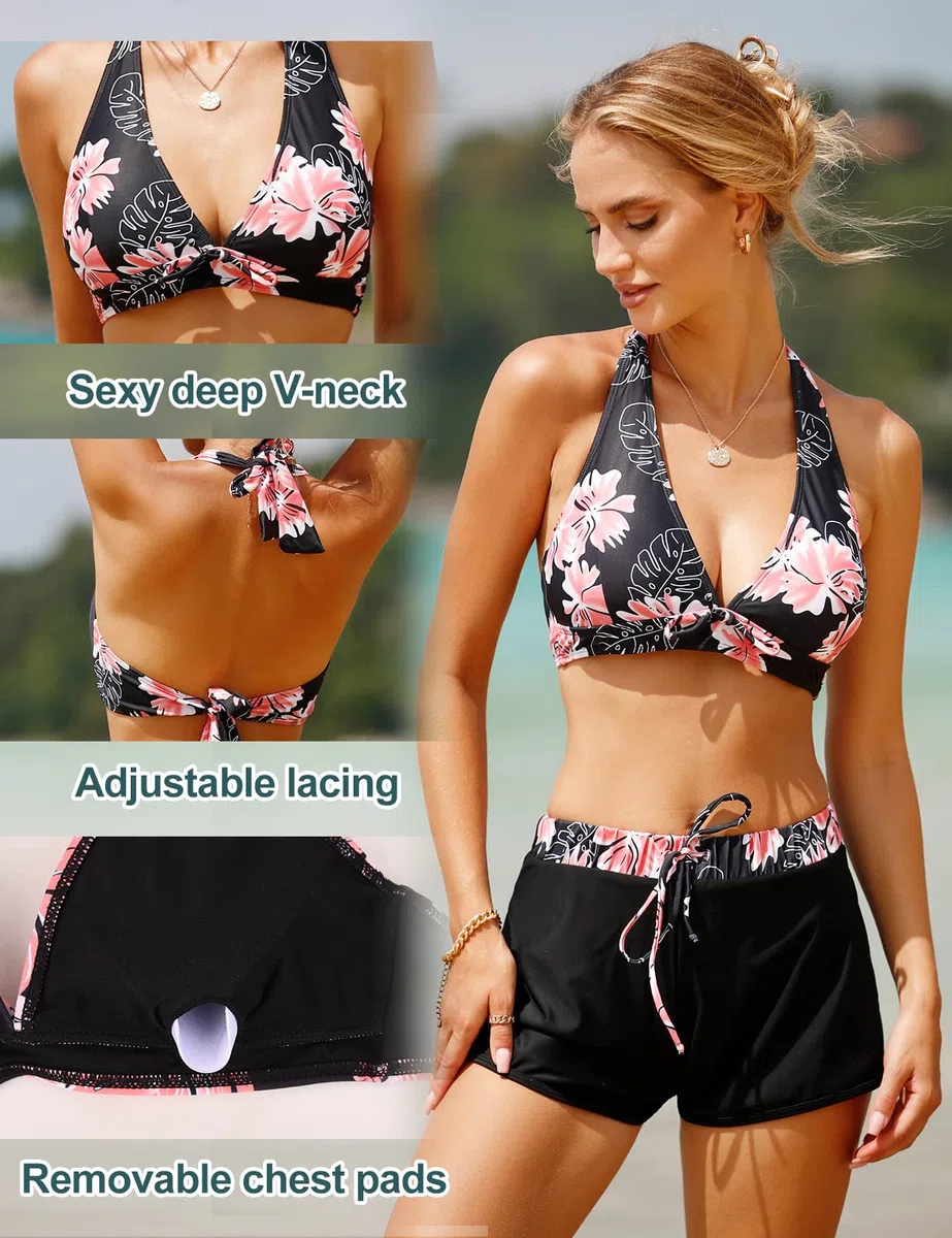 Vancavoo Costume da Bagno 2 Pezzi Donna Push Up Bikini Set Costumi da Mare Due Pezzi con Pantaloncini da Bagno Spiaggia Swimsuit Beachwear Estate