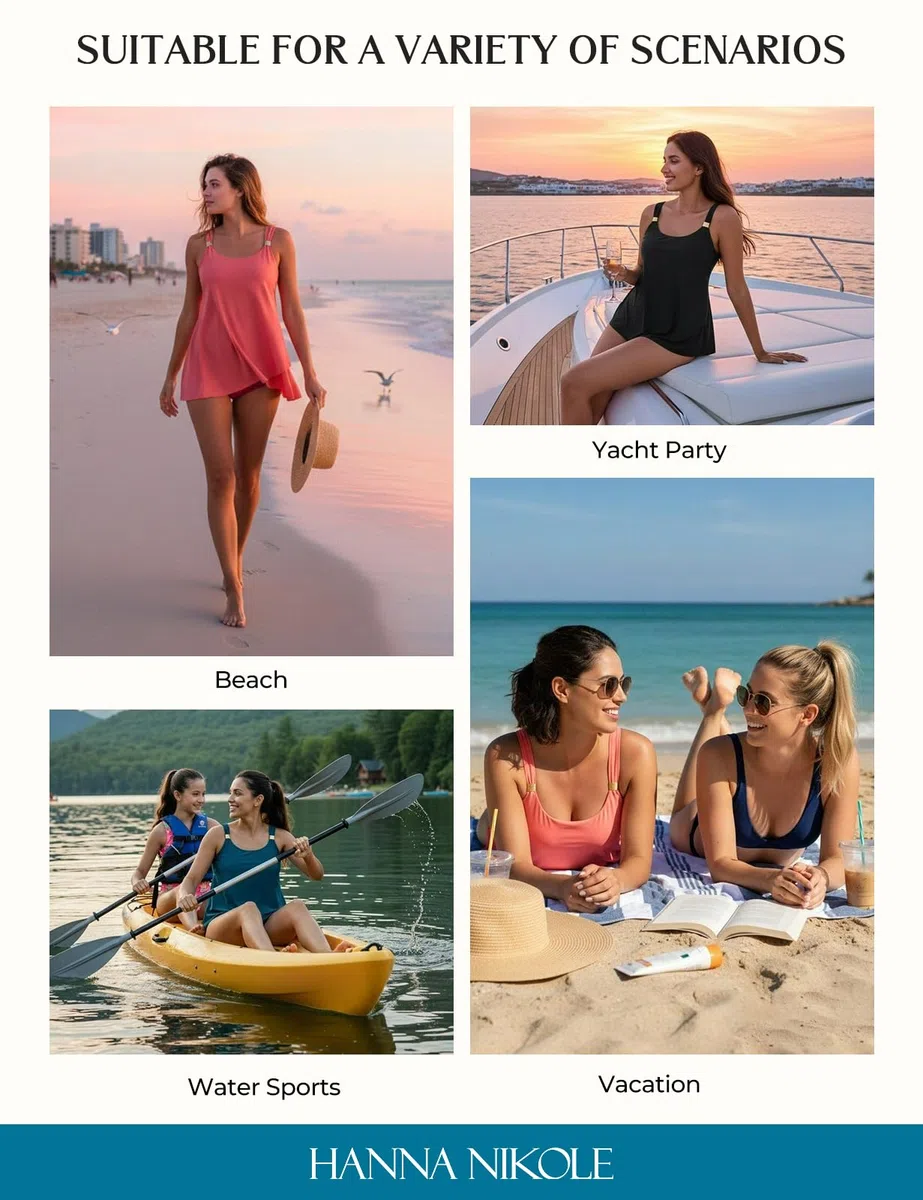 Hanna Nikole Tankini da donna con reggiseno integrato, a vita alta, con scollo a U, senza fondo