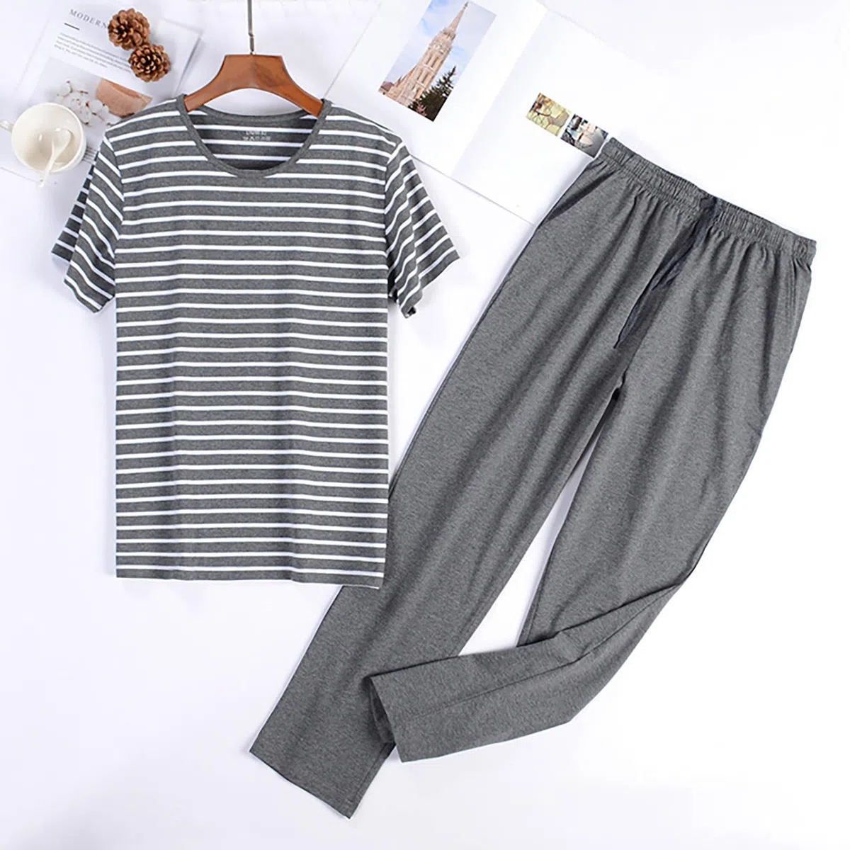 Pigiama da uomo in cotone, a maniche corte e pantaloni lunghi, biancheria da notte in due pezzi, morbido, per la primavera e l'autunno, pigiama homewear in due pezzi