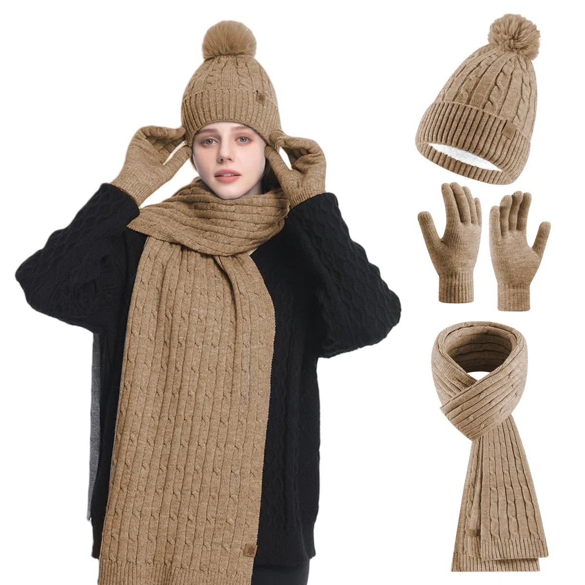 HOSPAOP Set Invernale Donna 3 in 1 – Berretto con Pompon, Sciarpa Lunga e Guanti Touchscreen, Cappello Invernale Donna a Maglia con Fodera in Pile, Accessori Caldi per Esterno e Quotidiano