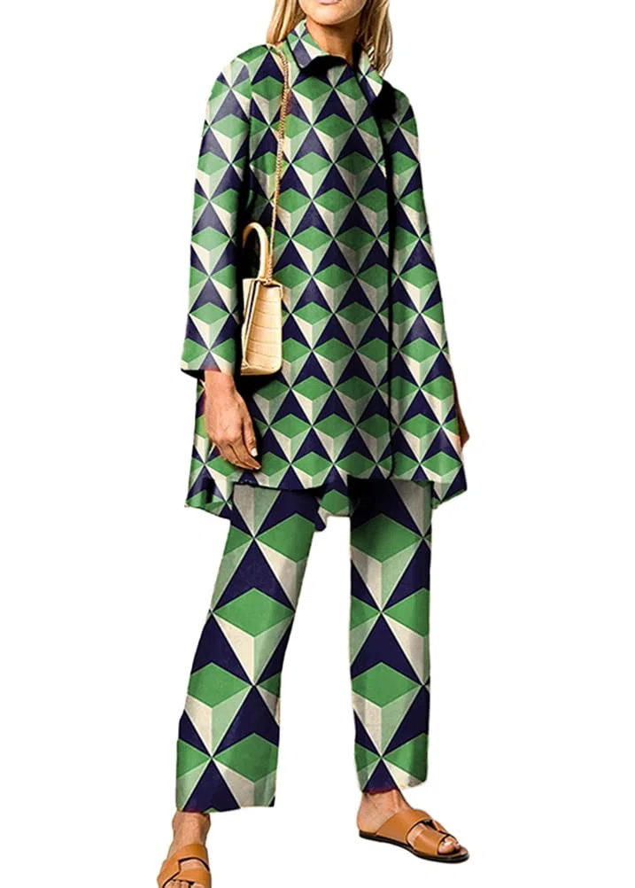 ORANDESIGNE Donna Abito Stampato Completo Due Pezzi Moda Camicie con Bottoni e Pantaloni a Gamba Larga con Elastico in Vita Set 2 Pezzi Tuta Abbigliamento Casa Strada