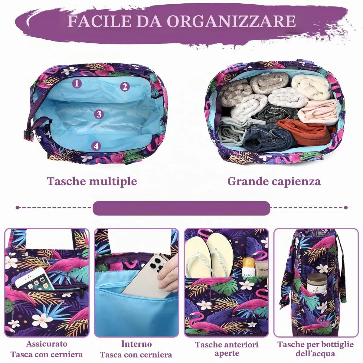 VASCHY Borsa da spiaggia, resistente all'acqua, grande borsa da donna, pieghevole, leggera, borsa a tracolla estiva con chiusura a cerniera e multi-tasche per vacanze, viaggi, spiaggia, piscina