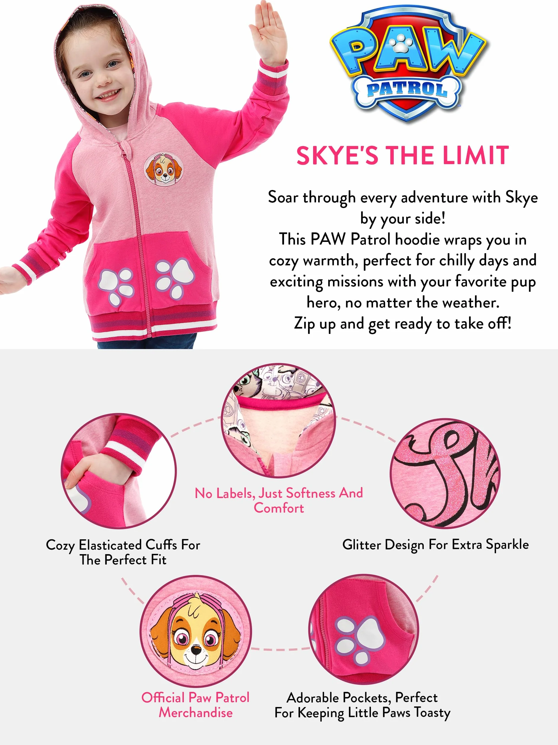 Paw Patrol Felpa Zip Bambina | Felpe Ragazza Skye | Felpe con Cappuccio Glitter