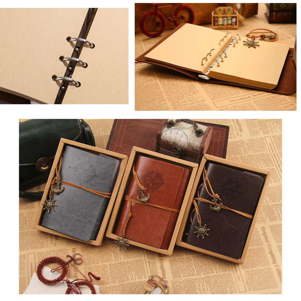 UoYu Uncharted - Set di 4 gioielli con teschio in bronzo, collana con anello e braccialetto in pelle, diario e taccuino con penna