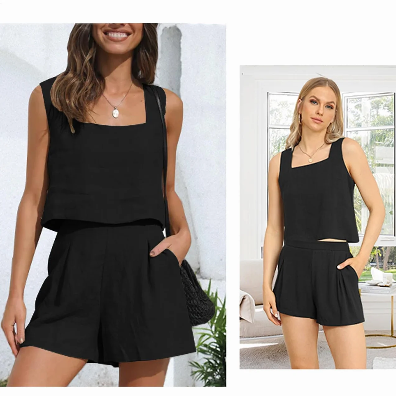 Completo Lino Donna 2 Pezzi Senza Maniche Collo Quadrato Canotta Lino e Vita Alta Pantaloncini Elegante Tuta Casual Estiva Completi per Spiaggia Vacanza Nero
