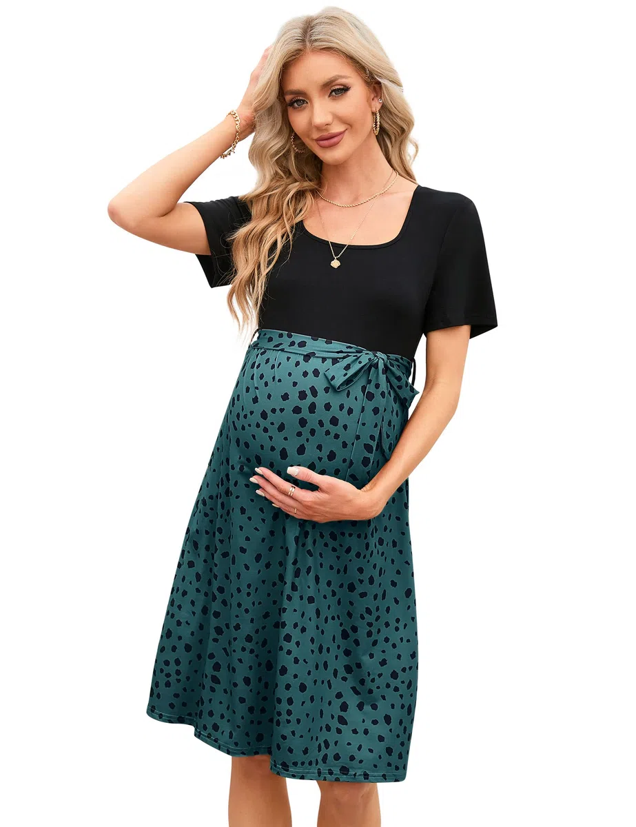 YesFashion Elegante abito premaman da donna, con colletto quadrato, abito da allattamento con cintura, abito estivo per gravidanza