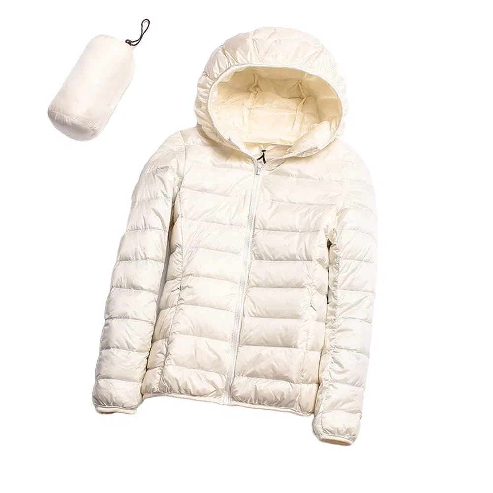 Piumino da donna con cappuccio, ultra leggero, corto, invernale, trapuntato, imbottito, con borsa per il trasporto, bianco, XS