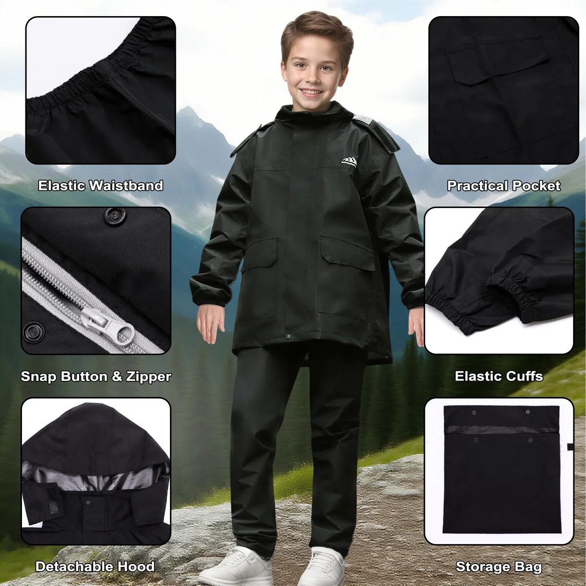 Tuta Antipioggia per Ragazze Ragazzi, Giacca Impermeabile e Pantaloni, Set Completo Pioggia Leggero Traspirante con Cappuccio e Custodia, Impermeabili Abbigliamento per 8-14 anni