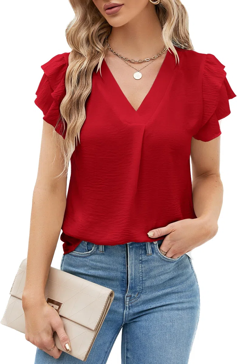 Camicetta da donna in chiffon, estiva, a maniche corte, con scollo a V, casual, elegante, da lavoro