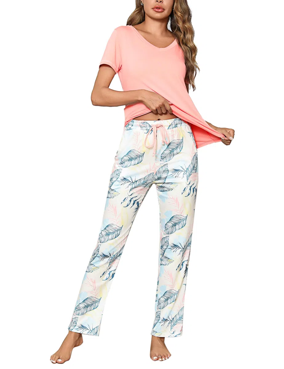 Litherday Pigiama Donna Estivo Cotone Due Pezzi con Maglietta Manica Corta e Pantaloni Lunghi a Quadri Morbido Leggero Scollo a V S-XXL