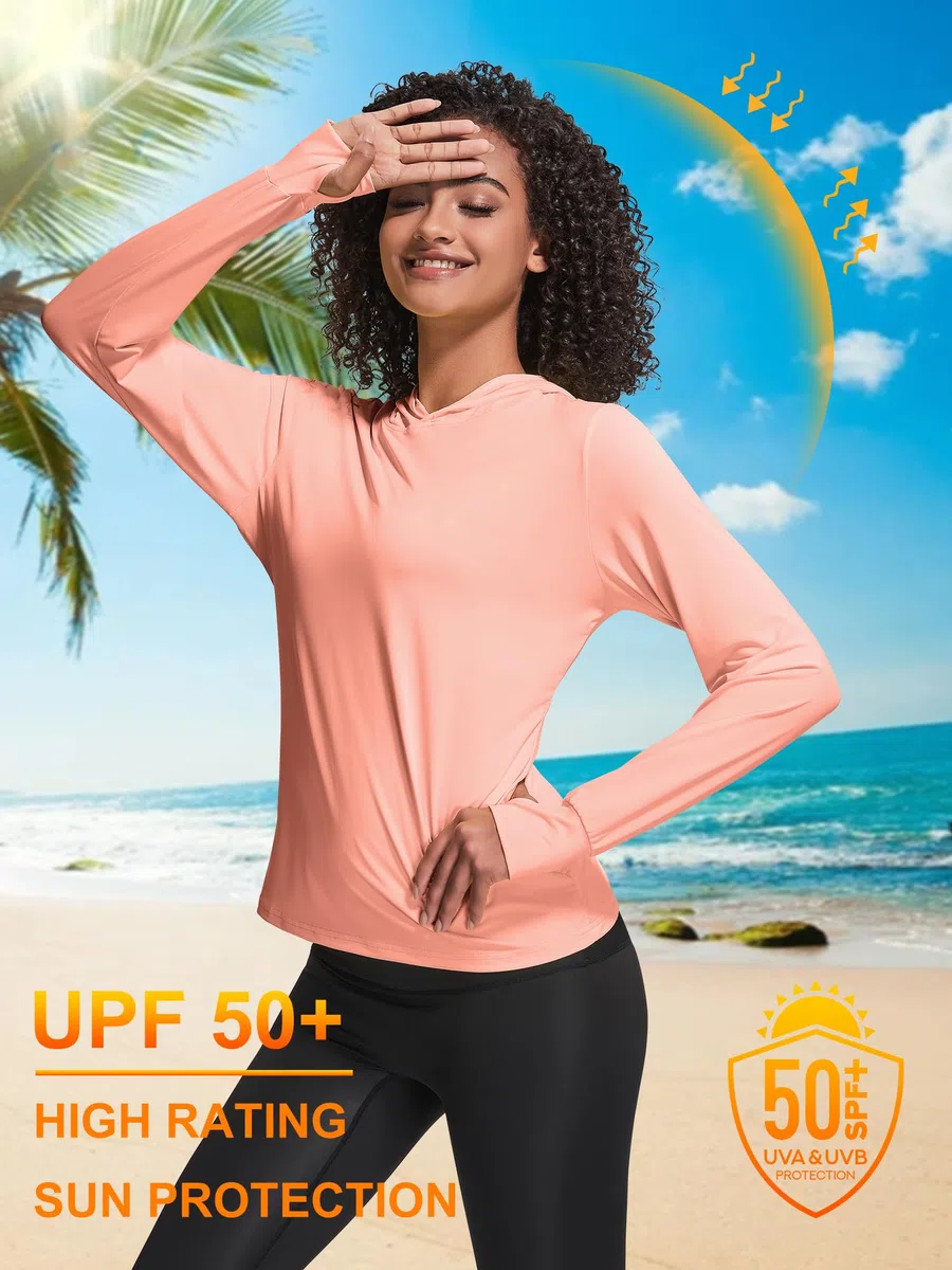 Felpa da donna con cappuccio con protezione solare UPF 50+, a maniche lunghe, leggera, ad asciugatura rapida, protezione UV, con foro per il pollice, foro nascosto per l'equiseto
