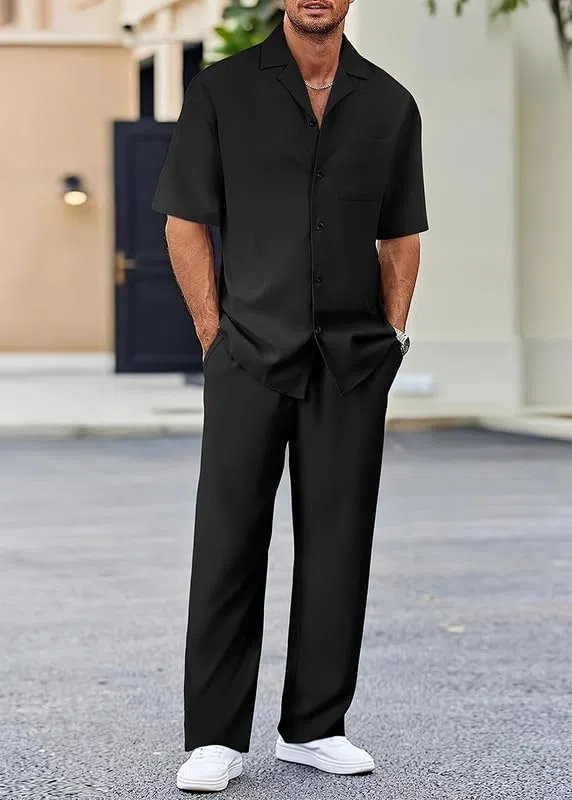 Completo Uomo Estivo Casual Abito Elegante 2 Pezzi Tuta Tempo Libero Camicia e Pantaloni Lunghi Set Coordinati Abbigliamento Leggera Completa Spiaggia