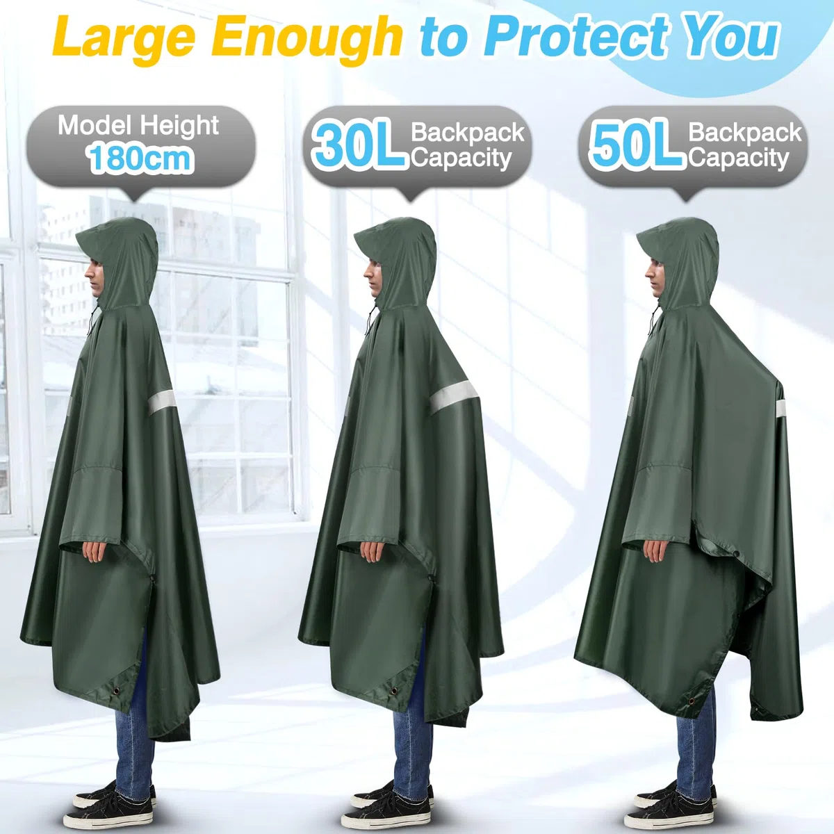 Poncho Antipioggia Impermeabile Riutilizzabile con Cappuccio Maniche e Riflettore Poncho Impermeabile per Adulti unisex Portatile Poncho Pioggia per Uomo Donna Trekking Campeggio Pesca