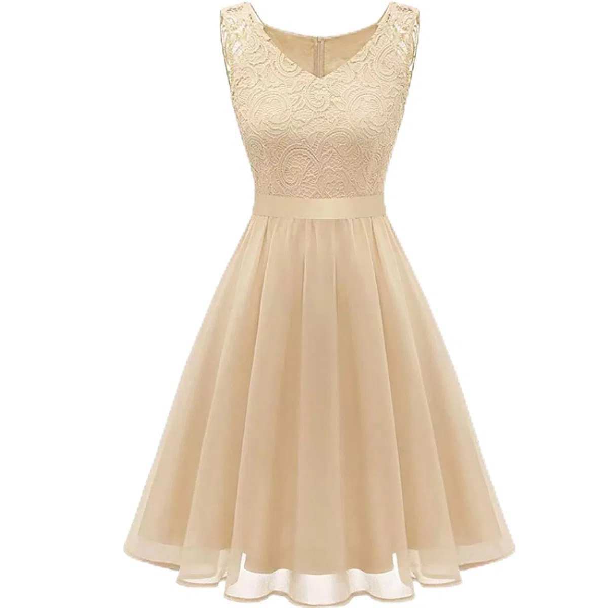 Abito da donna in pizzo con scollo rotondo e gonna svasata, senza maniche, in pizzo floreale, elegante, per matrimonio, battesimo
