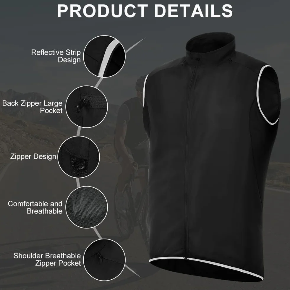 Gilet da Ciclismo, Gilet Antivento Ciclismo Uomo, Gilet da Ciclismo Senza Maniche, Leggero e Traspirante, Con Strisce Riflettenti, Adatto per Ciclismo, Corsa e Sport All'aria Aperta