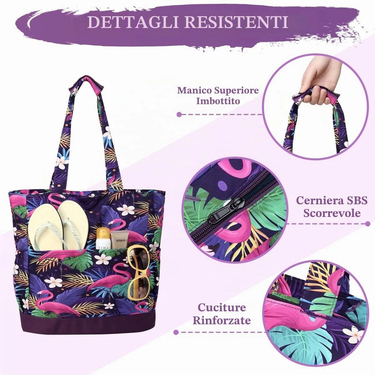 VASCHY Borsa da spiaggia, resistente all'acqua, grande borsa da donna, pieghevole, leggera, borsa a tracolla estiva con chiusura a cerniera e multi-tasche per vacanze, viaggi, spiaggia, piscina
