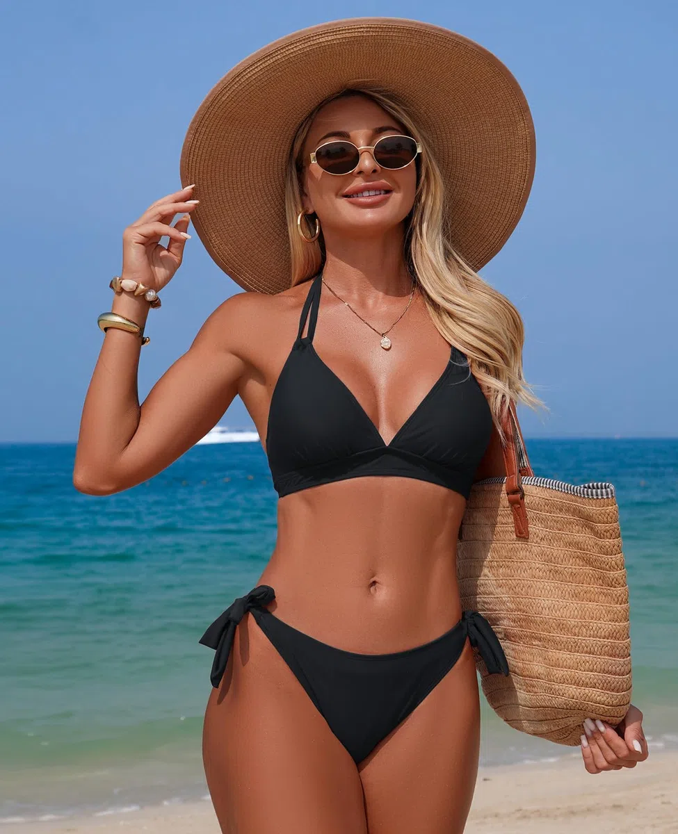 Genfien Costume da Bagno Donna Due Pezzi Bikini Set Halter Collo A V Push Up Imbottito Reggiseno Costumi da Mare A Vita Bassa Abiti da Spiaggia Beachwear