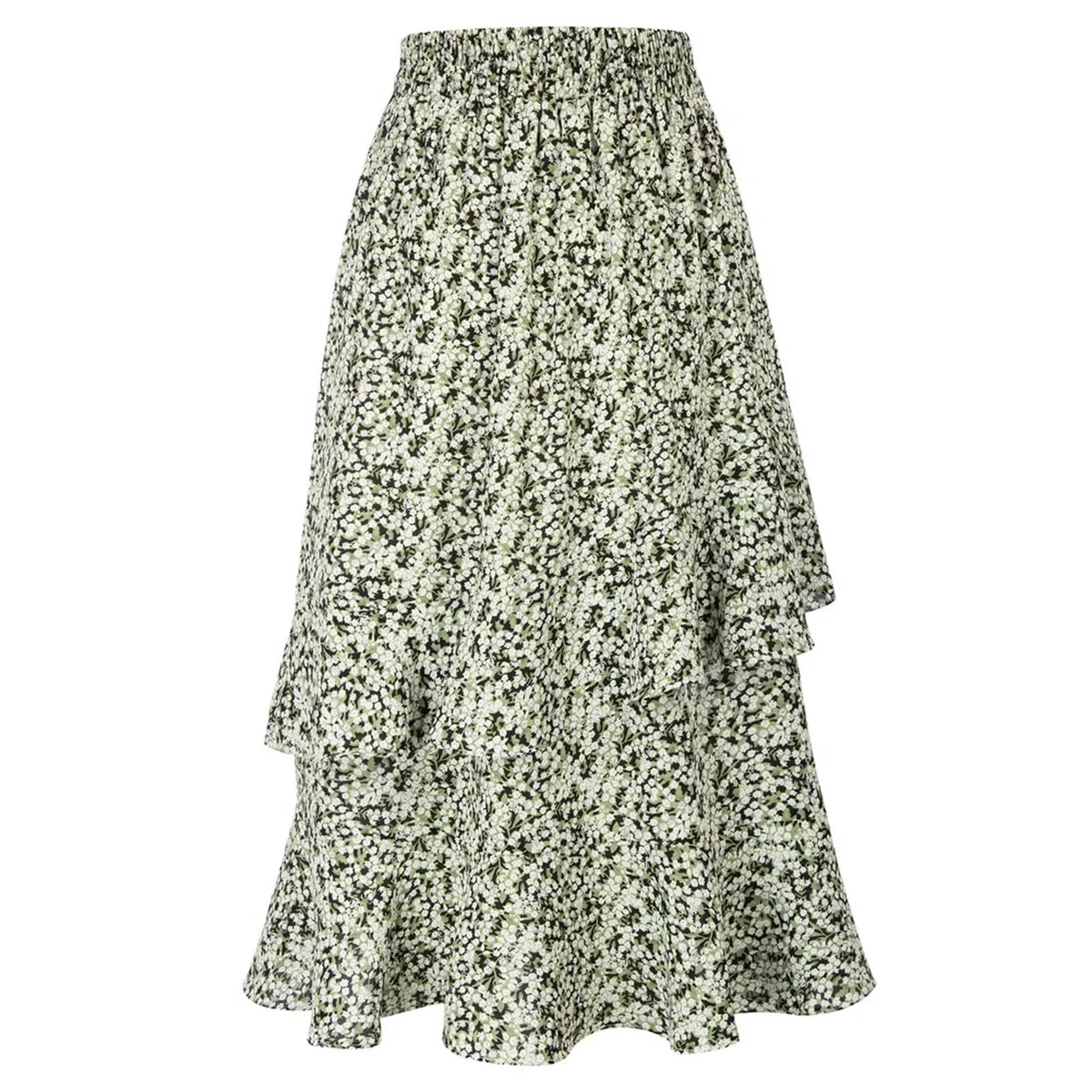 Gonna da Donna con Spacco Laterale Verde Floreale, Vita Alta Elastica, Orlo Arricciato, Gonna Svasata a Trapezio, Elegante Vestito Estivo a metà Polpaccio con Stampa da Spiaggia