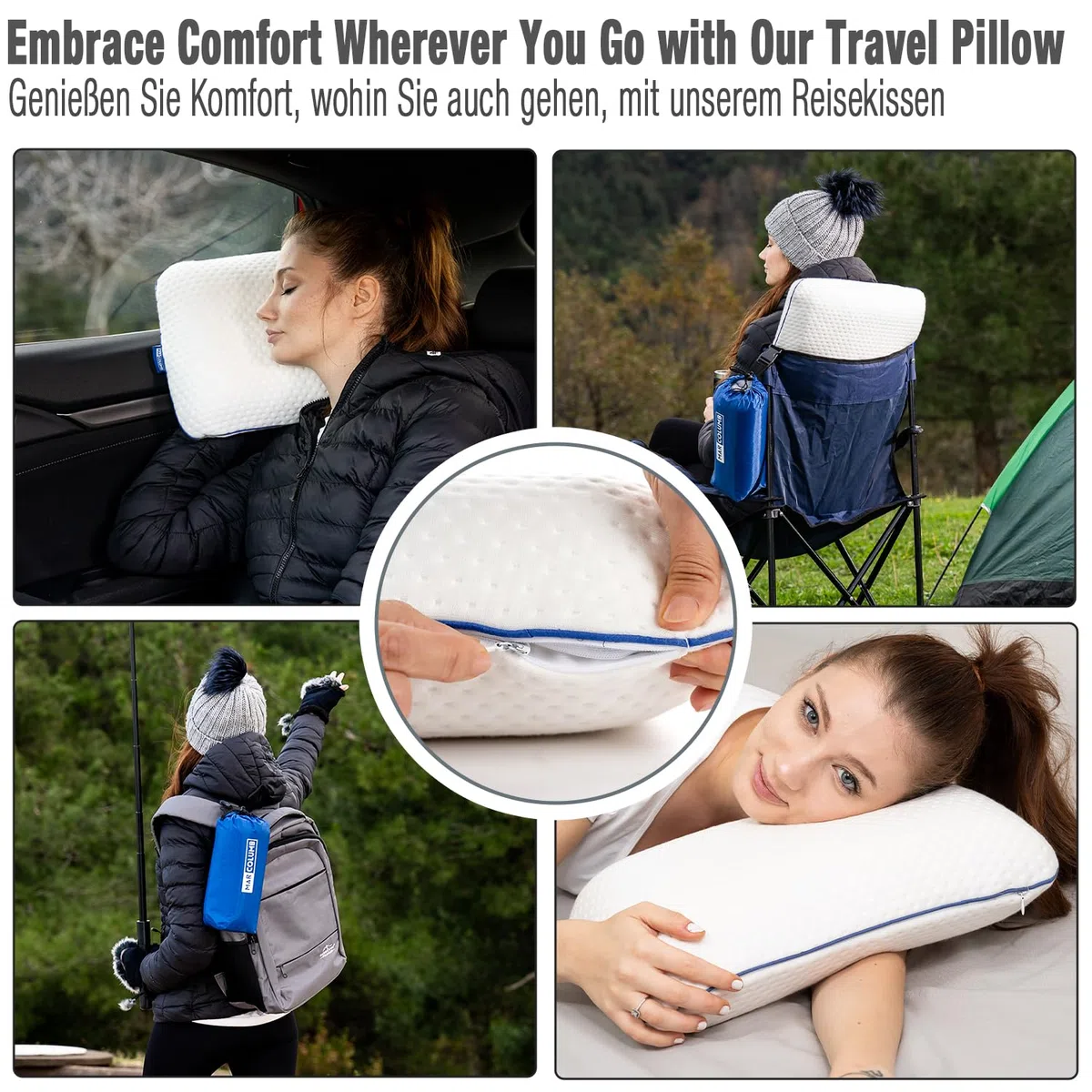Cuscino da viaggio – Supporto ergonomico per il collo da campeggio in memory foam con federa termoregolante – Borsa da viaggio impermeabile inclusa (Nero)