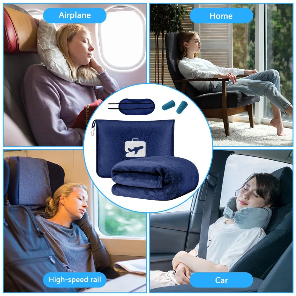 Flintronic Coperta da Viaggio 2 in 1, 155 x 130 cm, morbida coperta aeronautica con federa e tappi per le orecchie, ultraleggera per vacanze, ufficio, casa, viaggi d'affari (blu