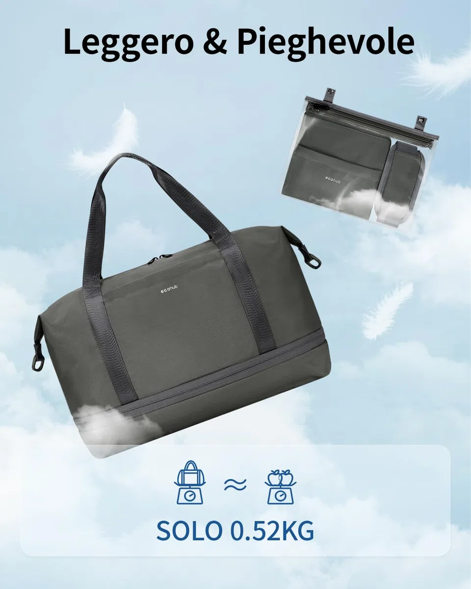 ECOHUB Borsone da Viaggio Pieghevole, Borsa da Viaggio Resistente All'acqua 40x30x20 Per Donna e Uomo, Bagaglio a Mano per Ryanair con Tasca Bagnata per Palestra, Aereo, Weekend, Verde