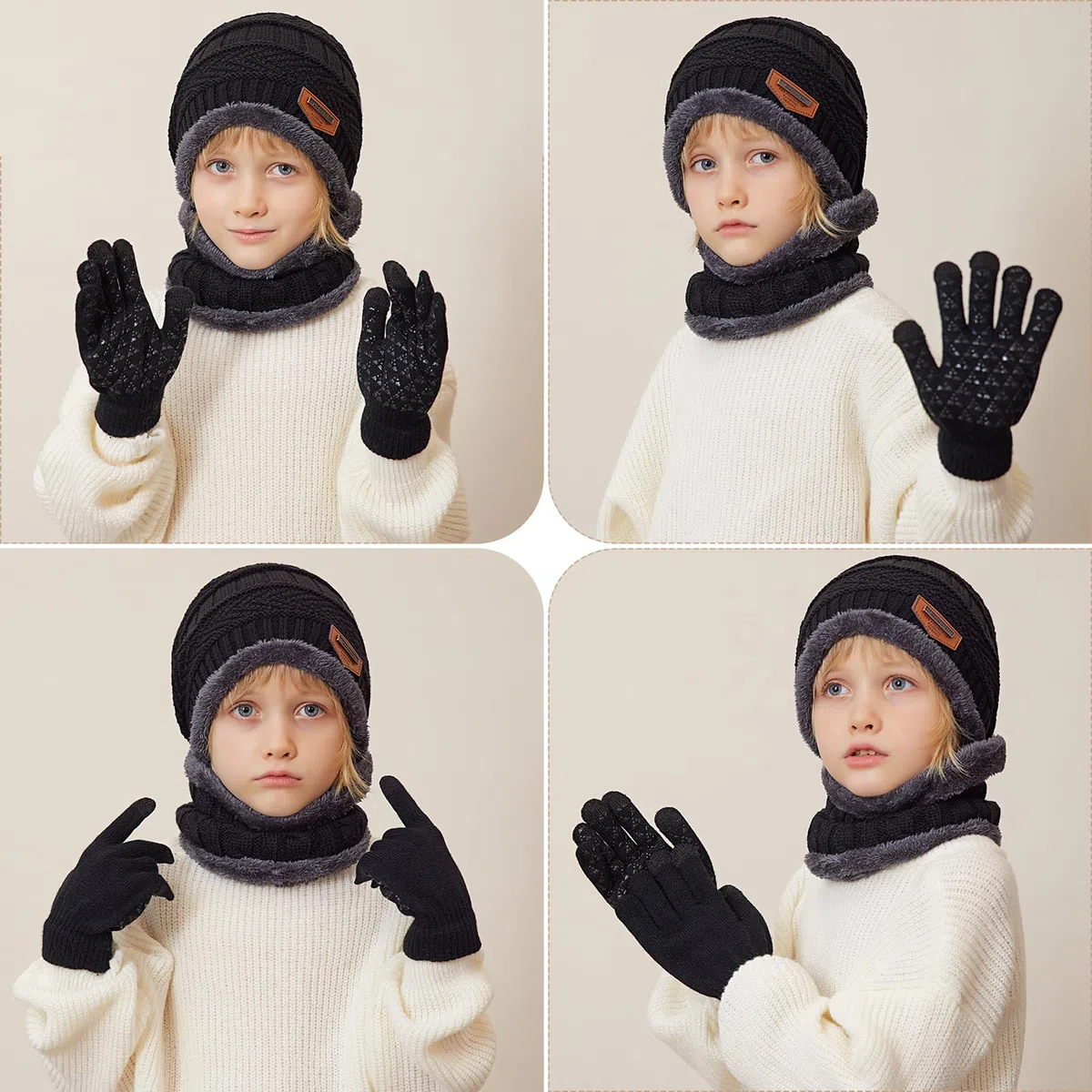 Cappello Bambini Invernale Berretto Guanti Sciarpa Bambino Scaldacollo Termico Cappello a Maglia Beanie Foderato in Pile Guanti Touchscreen per Ragazzi Ragazze 5-10 Anni